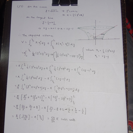 (50) on the curve ya 2-2 → Y220-2 > x= (7+2) on the tangent line J = Luth = 2y =ntlna24-1 The required volume (where , 2 & 1