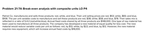 Problem 21-7A Break-even analysis with composite units LO P4 Patriot Co. manufactures and sells three products: red, white, a