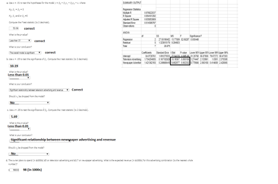 a. Use a01 to test the hypotheses for the model y SUMMARY OUTPUT where: Regression Statistics Multiple R R Square Adjusted R