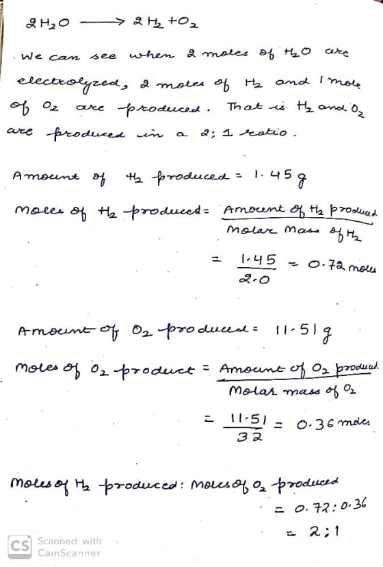 2 H2O - > 2H2 +02 . We can see when a moles of tho are electrolyzed, a mole of th and more of O2 are produced. That is t₂ and
