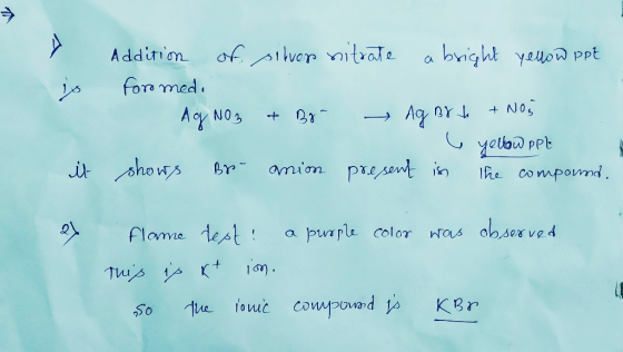 is Addition of silver nitrate a bright yellow ppt formed. AgNO3 & Br Ag Br. 4 + NO3 6 yellow pple shows Bp- anion present in