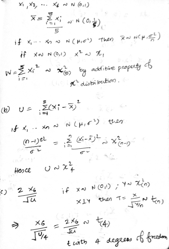 Xi ,x2,... X6 ~ N(0,1) Xxi NiN COŚ 5 if x... Xow N(Mio Then Xa Nch, oh - if XN N(0,1) ²wt, W = xi² a y by additive property