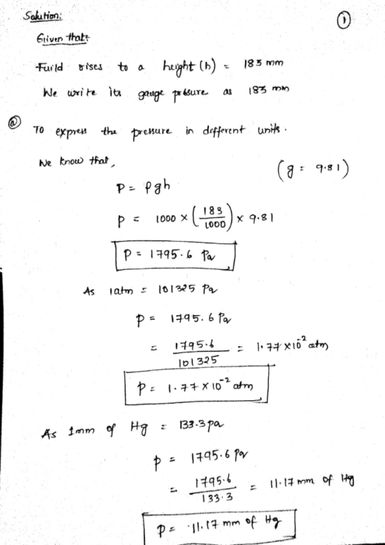 Solution Given thatt fund ㅎises to a height (h)-185 mm We urite ita eware in drttern 98 18 3 495. 1. 구부. X 10 atm bl325 ニ 11-