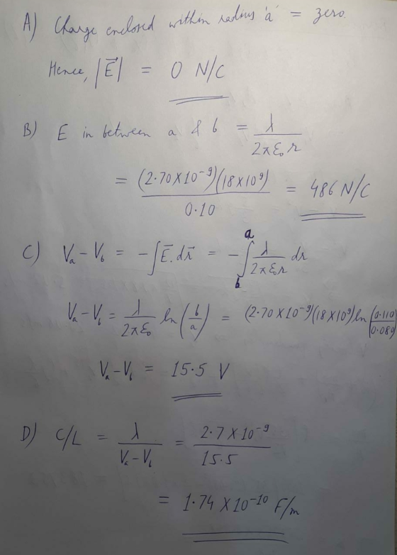 zero. A) Charge enclosed within radius Hence, El ON/C B) Ein between a & 6 22Eor = (2-70 x 10-9/16x10%) - 4860/0 0.10 a dr 2a