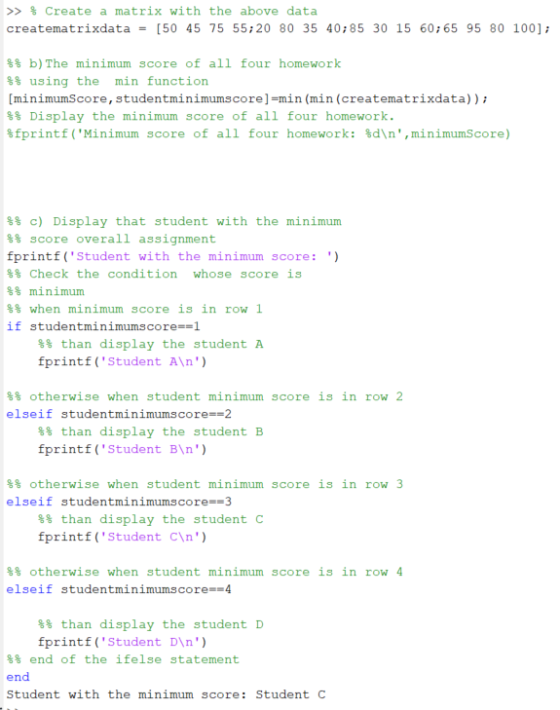 >> $ Create a matrix with the above data creatematrixdata = [50 45 75 55;20 80 35 40;85 30 15 60;65 95 80 100); $% b) The min