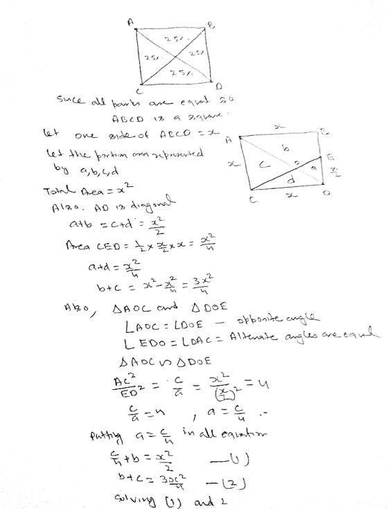 257 251 25%. Suce all barks are egvad S0 a 29vare one Bideof AecoO = let Let the portion ona seprusented by a,b,yd Total Aea