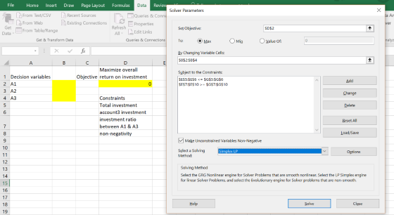 File Home Insert Draw Page Layout Formulas Data Review Solver Parameters From Text/CSV From Web Recent Sources Queries & Conn