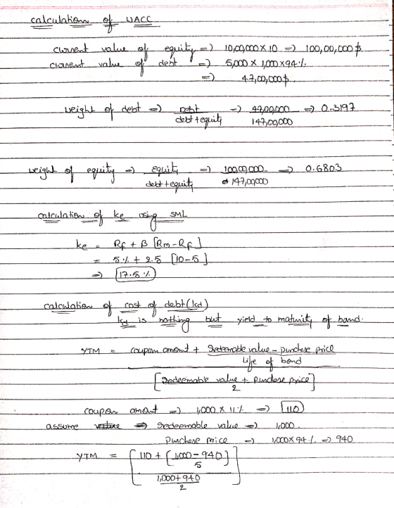 calculations. WACS Cwrsent value of equity current value of desta 2 10,00.000X.10 :-) 100,00,000 $ 5,000 x 1,00 x94:1 4700,00
