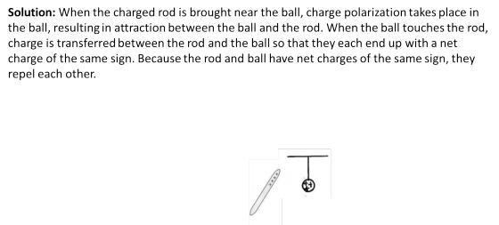 Solution: When the charged rod is brought near the ball, charge polarization takes place in the ball, resulting in attraction
