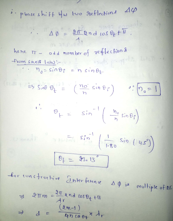 phase shift Hw two reflections 4P 2T and 1os Ot il. here TT - odd nomber of reflecfions From snelf law:- =nsinot no = sin8; n