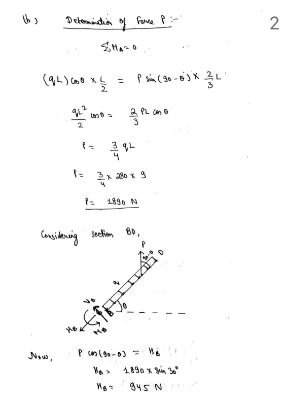 lb) Determination of force ? :- 2 EMAFO (92) 600 x 4 / 4 p sin (go-ojx 3L ur qL? Cosa 2 PL Cose 2 PL 2 P = الحلم • QL P= x 28