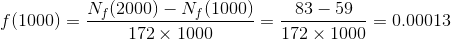 f(1000)=\frac{N_f(2000)-N_f(1000)}{172\times 1000}=\frac{83-59}{172\times 1000}=0.00013