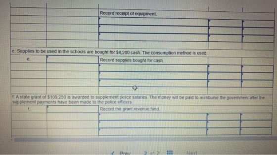 Record receipt of equipment. e. Supplies to be used in the schools are bought for $4,200 cash. The consumption method is used