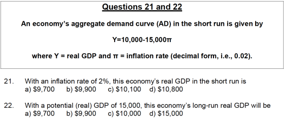 Questions 21 and 22 An economys aggregate demand curve (AD) in the short run is given by Y=10,000-15,000TT where Y = real GD