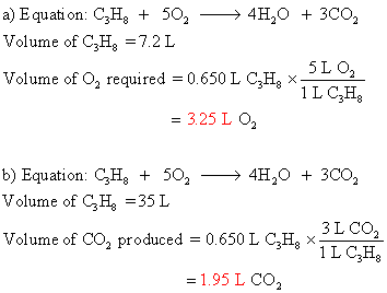 a) E quati on: CH + 502 Volume of C2H =7.2 L 4H2O3CO2 5L O2 Volume of O2 required 0.650 L C2H 1L CH 3.25 L O2 b) Equation: CH