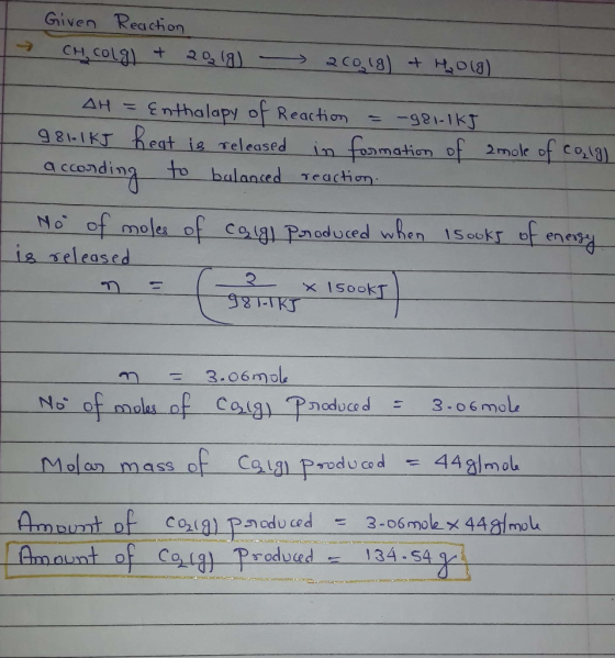 Given Reacthon CH COL 201) 2C018)+HO) Enthalapy of Reaction 981-1KT hegt is Teleased AH = -91-1KJ in foamation of 2mole of co