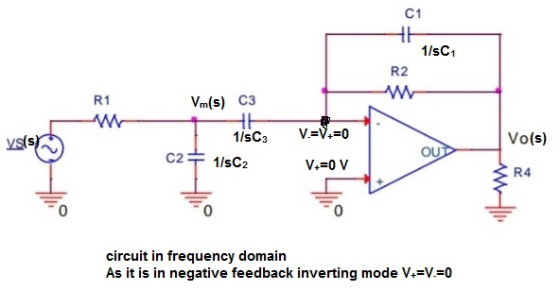 C1 HH 1/sC1 R2 R1 Vm(s) C3 V-V. 0 1/sC3 Vo(s) vs(s) OUT C2 1/sC2 V 0 V R4 0 circuit in frequency domain As it is in negative