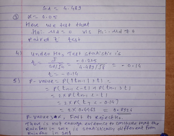 I ③ sda 4.489 x 0.05 Here we test that Ho uda 0 vs paired t test Hir. Ud for 5) Under Ho. Test statistic is h . o.225 Sal5n 4