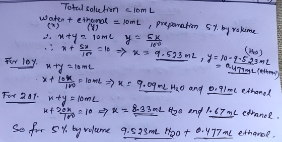 Total solution = 10mL watert ethanol = lome, preparation Sy by volume unty = lume y = 54 at 54 = 10 7 (H2O) = 9.523m2 , y = 1