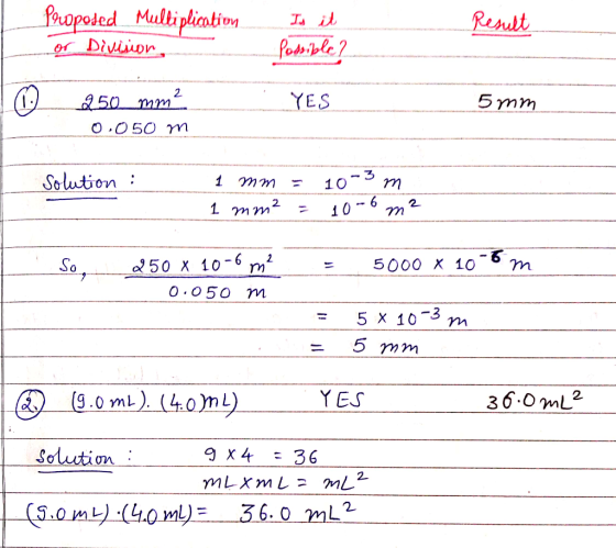 _Proposed Mulli plication or Division, Is it Possible? Result YES 5mm 250 mm² 0.050 m Solution : 1 mm = 10-3 m 1 mm² = 10-6 m