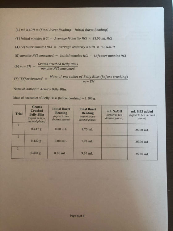 (1) ml NaOH = (Final Buret Reading - Initial Buret Reading) (3) Initial mmoles HCl = Average Molarity HCL X 25.00 mL HCL (4)