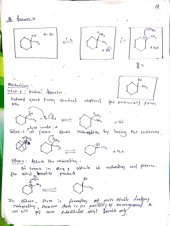 Answers 12 OH H- Br Mechanism step-1 ; Proton Hydroxyl group transfer. from reactant abstract the protencat) HBU from + H-BT