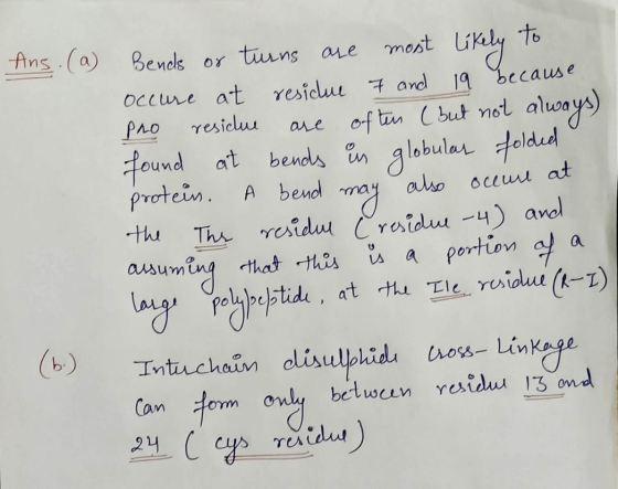 Ans.(a) Bends or turns are most likely to occure at residue 7 and 19 because pro residue are often (but not always) found at
