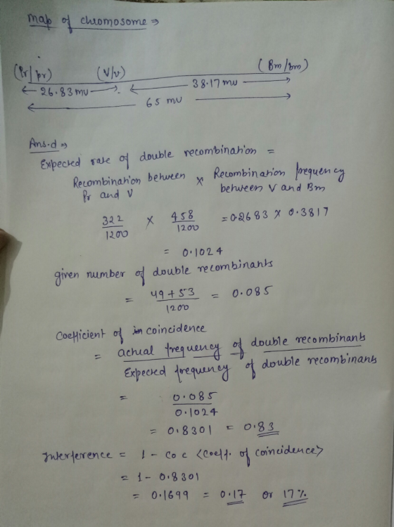map of chromosome (Bm/om) (Pr/pr) (w/v) € 26.83 mut 38.17 mu 65 mu Ans.d = Expected rate of double recombination = Recombinat