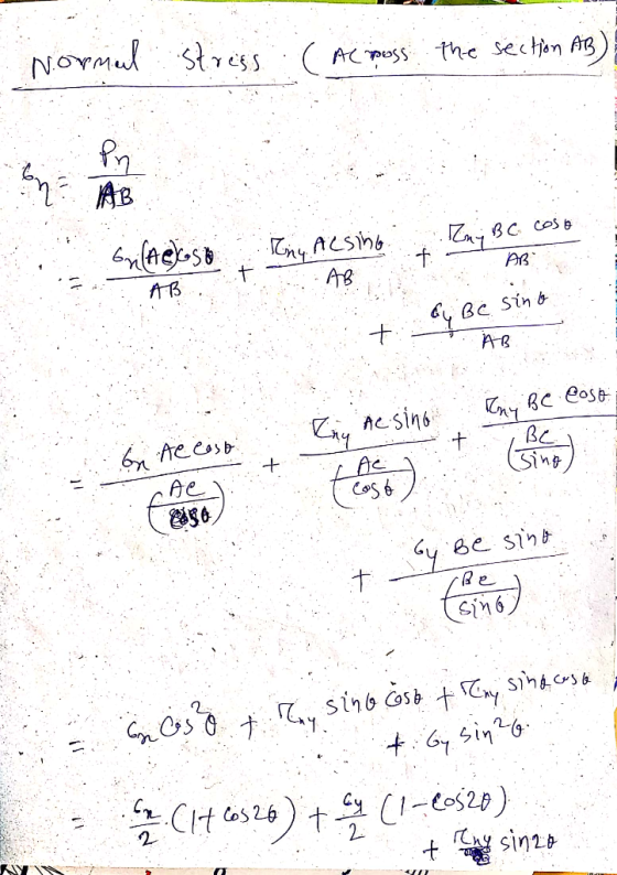 Normal stress ( hermoss the section AB) Kny. A Cont - Gri Agasa Tiny Alsing + Zmy BC. cosa AB đ, 8 Sin 8 AB besing + Treo) Ra