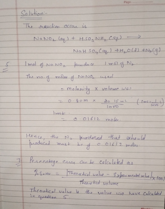 Page Solution:- The dreaction occan is NaNO₂ (aq) + HSO, NH, cap - NaH sou (aq) +H₂0 (4) tN₂(g) S I mol of Na No₂ produce Imo