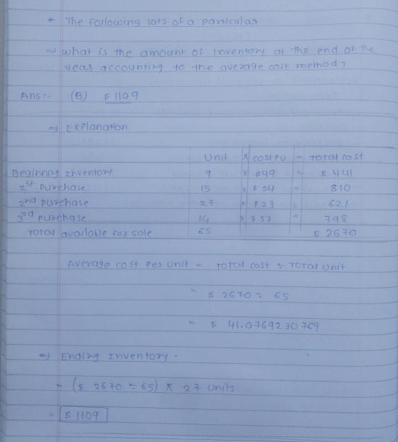 The failowing lots ofa paticul as what is the amount of nventory at the end of The Neas accountig tO the ave aage cost metho