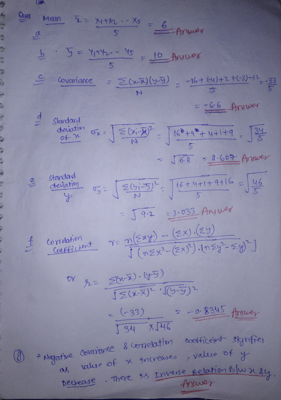 Mean x = x+x2 -- XS = - Answer b . J = YITY. - YS - = 10 Answer $ covariance - 30x3)(y-7) 12 +16+ cy)+2 +6-3-6-3 > - 16+ Gh +