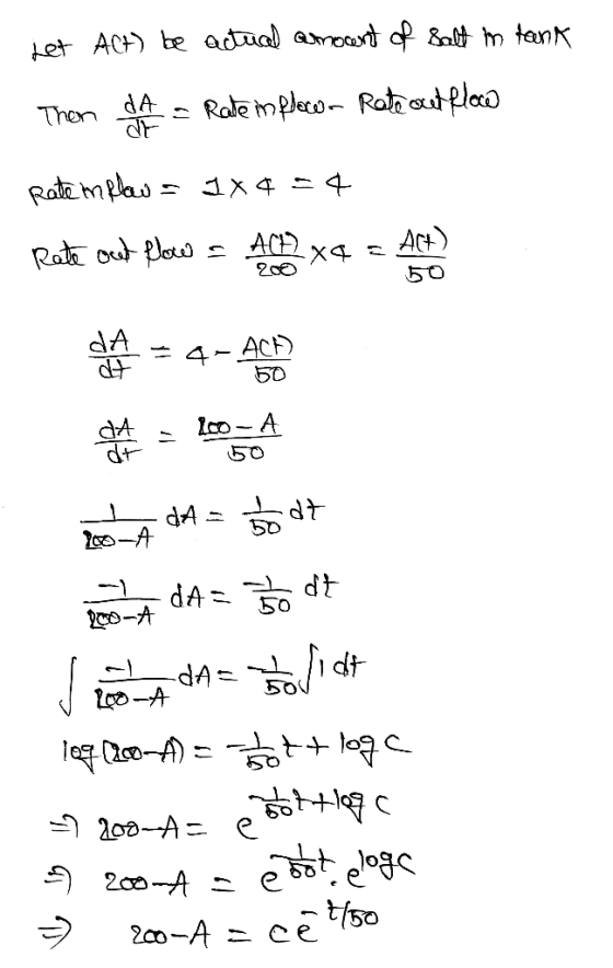 Let Act) be actual amount of salt in tank - Thon dA = Rate in flow- Rate out flow Rate mrlow = 1x4=4 Rate out flow set xa e A