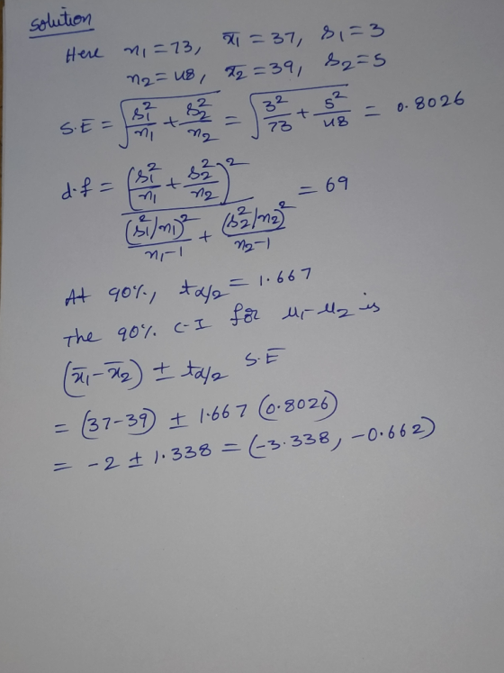 solution Here ni=73, X=37, 81=3 - n2 = us, T2=39, 82=5 SEE EE 6.8026 (5) nove + samo. At 90%, stale=1.667 the 90% (-I for url