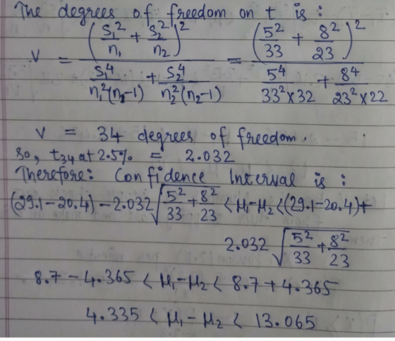 S2 + 5 152 212 8 + 5,4 54 84 t The degrees of freedom on t is: V no 33 23 + SA nen,-1) n (ng-1) 33²x32 232X22 v = 34 degrees