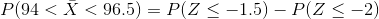 P(94 < \bar{X} <96.5)=P(Z \le -1.5)- P(Z \le -2)