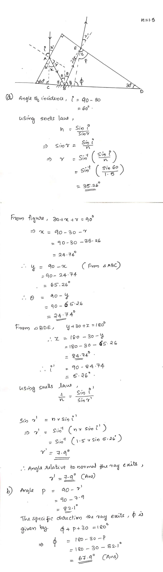 n=1.5 02 087 E 2 P 660d Lyd 300 с (a) angle of incidence, i= 90-30 = 60° using snells lame, h Sin o Sinr Sin i sinra и >> y D