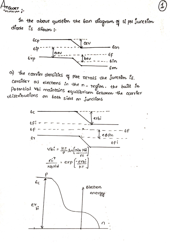 Answer nummit In the above questPon the ban diagram o si pn junction dioele is shown :- Ecp tip cev Een aev EVP Ibev EF bin E