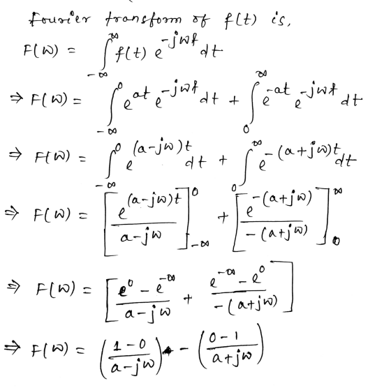fourier transform of f(t) is, -jwf FLW) f(t) e dt . ►FW) = [cate dotat = Forum -at -jut dt HW) = s la-jult la-jw)t dt t se (a