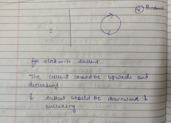 Binduch HI current for clockwise The current should be upwards and decreasing & current should be downward & eincreasing