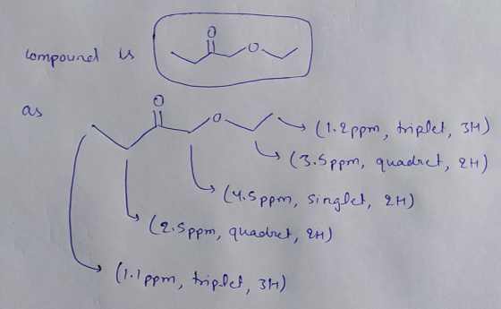 compound is compound in is (1.2ppm, triplet, 3H) (3.5ppm, quadret, 2H) (4.5ppon, singlet, 2H) S (2.5ppm, quadret, H) (1.1ppm,