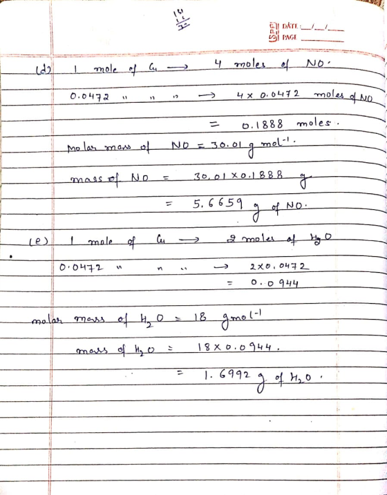 apirimano PAGE - - ide L mole of a 4 moles of No. 0.0472 . . . - 4 x 0.0472 moles el no = 0.1888 moles. melas mas of NO = 30.