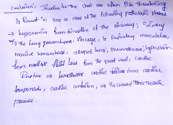 conclusions Injuries to the chest are often life threatening & Resunt in one or more of the following patholone staty → hypo