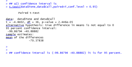 2 > ## a2) confidence interval is ttest(dataSTone,dataScall,paired-T,conf. 1evel-0.95) Paired t-test data: dataSTone and dataSCall t4.8402, df 36, p-value 2.446e-0!5 alternative hypothesis: true difference in means is not equal to o 95 percent confidence interval -99.86794-40. 88882 sample estimates: mean of the differences -70.37838 > ## confidence interval is (-99.86794-40.88882) it is for 95 percent.
