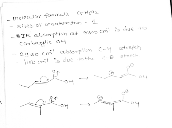 C5HO2 moleculor ferrmula - sites of unsateration _TR absorption at 33c0 cmis due +e 2960 cm cubsorpticn a cm is due toHhe C-H