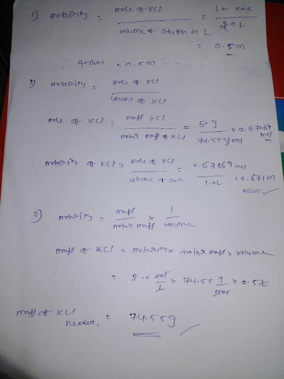 1. 00 mole moboty Velcume Solu tan n L 4rwer melasiry mapp lecf pele ce lccs 1O.G706 frela mm kC 74.559mol rode kC/ fmorotty