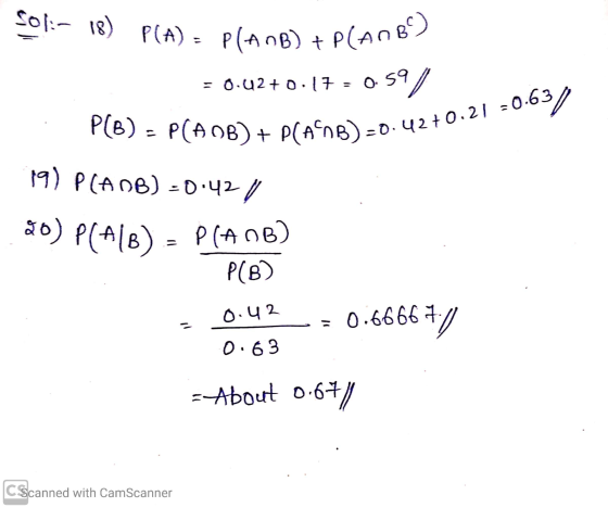 Sol:- 18) P(A) = P(ANB) + P(ANB) = 0.42+0.17 = 0.59 asa/ 0.63/ P(6) - P(A0B) + P(ACB) = 0.42+0.21 19) PCAOB) = 0.42 | 30) P(A