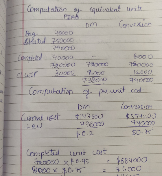 Computation of equivalent units om Conversion Bog 40000 Stacted 750000 790000 Completed 40000 800 o 720000 720000 720000 WIP