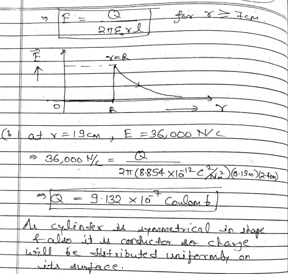 TE = fox r = 7s ng хи co (6 at r=19cm , E = 36,000 N/a → 36,000 N = Q 27(8.854 x16120726-19m)2. tom) Q = 9.132 x 167 Coulant