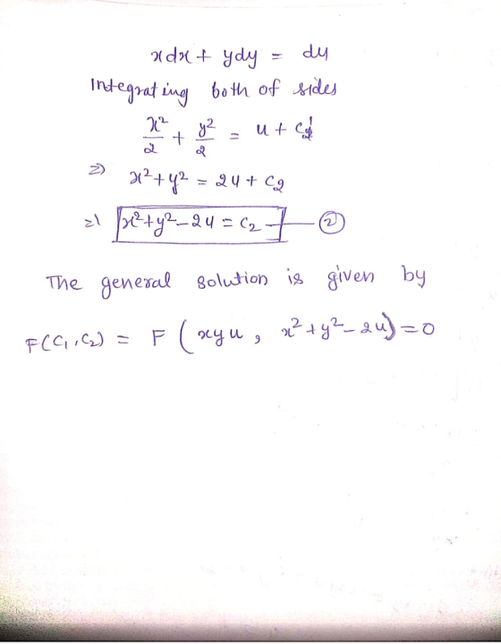 Indt udat ydy = du integrating both of sides A + y2 = ured ~ 22+42 = 24+Cg zu be+y2–24 = (270 The general solution is given b